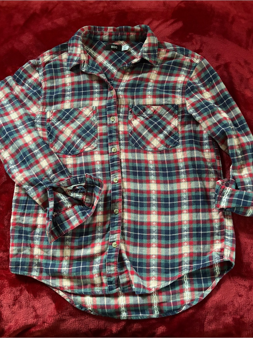 BDG Red, Navy & Cream Plaid Button-Front Shirt
